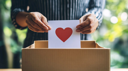 Close up of woman hand putting red heart in cardboard box, Valentines day conceptの素材