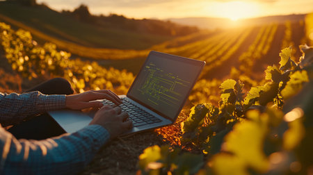 Young man working on a laptop in a vineyard at sunset.の素材