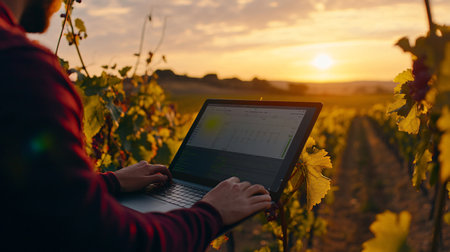 Man working on a laptop in a vineyard at sunset, close-upの素材