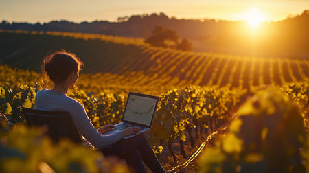 Young woman working on a laptop in a vineyard at sunset.の素材