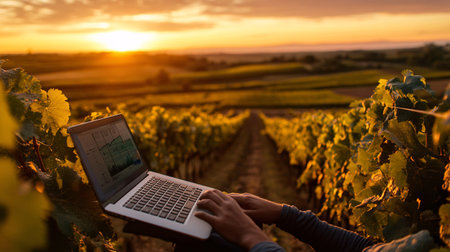 Woman using laptop in vineyard at sunset. Focus on hand.の素材