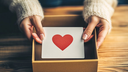 cropped shot of woman holding card with red heart in cardboard boxの素材