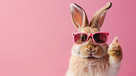 Cute bunny wearing pink sunglasses on pink background, space for textの素材