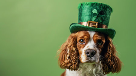 Cavalier King Charles Spaniel in green leprechaun hat on green backgroundの素材