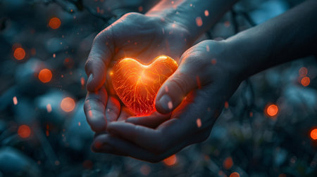 Red heart in the hands of a girl on a background of natureの素材