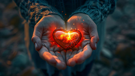 Conceptual image of human hands holding a glowing heart shaped object.の素材