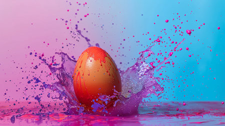 Colorful easter egg in water splash on pink blue background.の素材