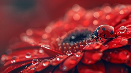 ladybug on red gerbera flower with dew dropsの素材