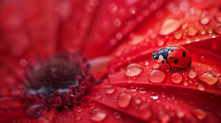 ladybug on a red flower macro close-up with water dropsの素材