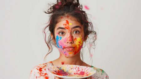 Portrait of a beautiful young woman with face covered with multicolored paintの素材