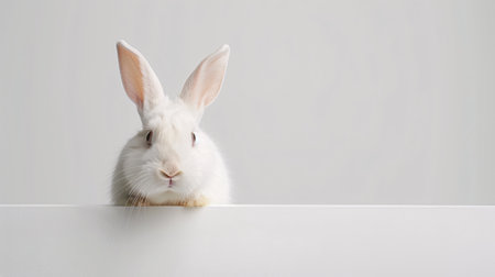 White rabbit on white background with copy space. Easter holiday concept.の素材