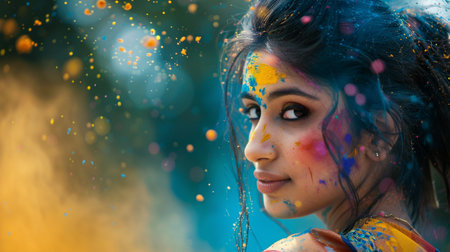 Portrait of a beautiful indian girl with holi paint on her faceの素材