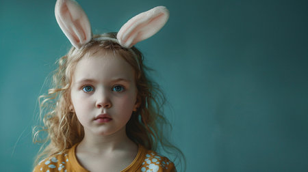 Portrait of a little girl with bunny ears on a blue backgroundの素材
