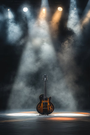 Electric guitar on stage with smoke and rays of light. Concert conceptの素材