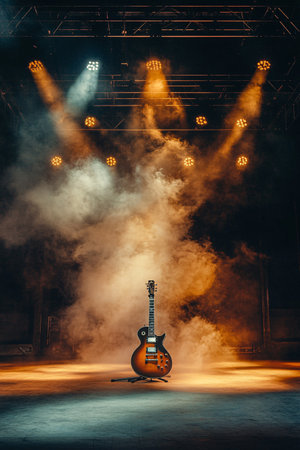 Guitar in smoke on stage. Live music concert background.の素材