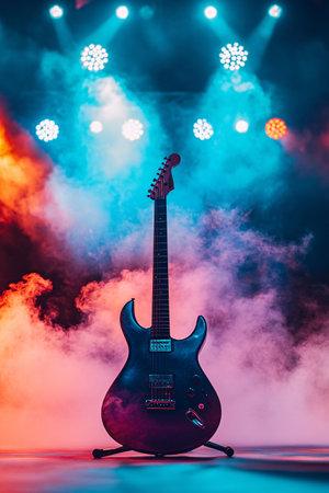 Electric guitar on stage with smoke and lighting effect. Rock concert.の素材
