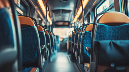 Interior of a train with empty seats. Selective focus.の素材