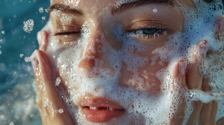 Close up portrait of young woman washing her face with soap and waterの素材