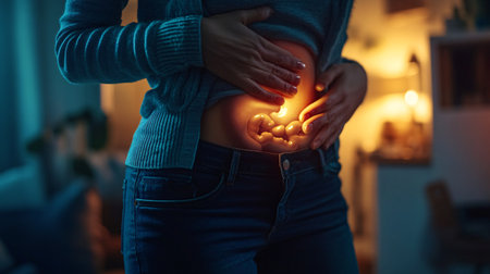 Pregnant woman holding her belly and touching her belly at homeの素材