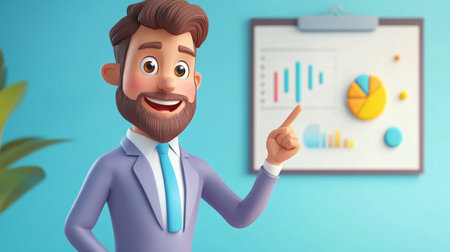 3d illustration of a happy businessman pointing at a chart in the officeの素材