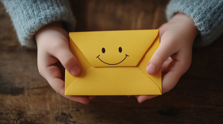 Hands holding paper envelope with smiley on it, closeupの素材