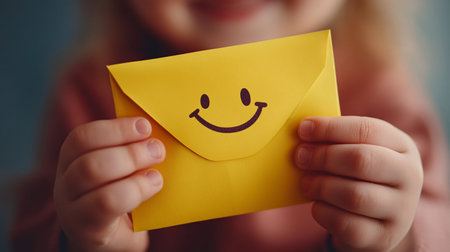 Smiling girl holding a yellow envelope with a smiley face on itの素材