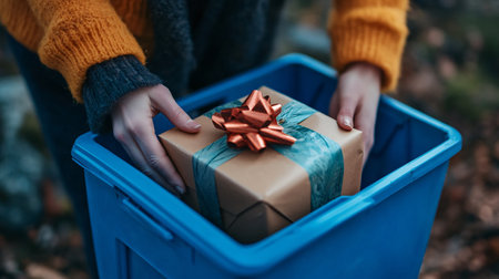 Close up of woman's hands holding a blue box full of presents.の素材