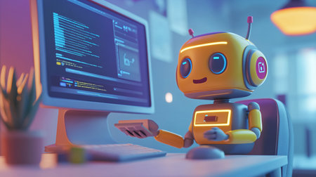 3d render of a robot working on a computer in a roomの素材