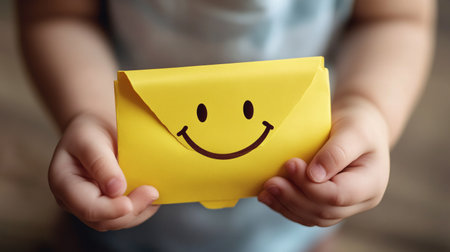 Closeup of child hands holding yellow paper envelope with smiley faceの素材