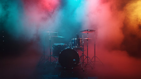 Drum kit on stage in smoke and fog. Musical instrument. Selective focusの素材