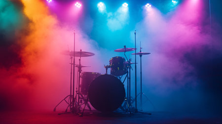 Drum kit on stage with smoke and rays of light. Music concept.の素材
