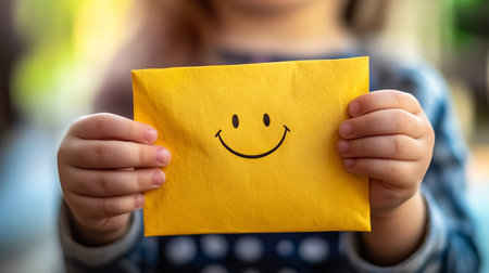 Closeup of child hands holding yellow postcard with smiley faceの素材