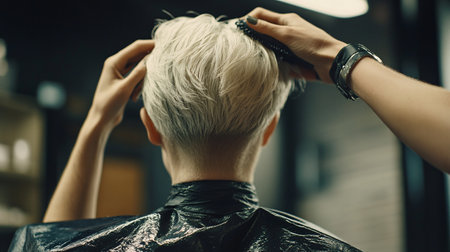 Hairdresser styling hair of young man in barbershopの素材
