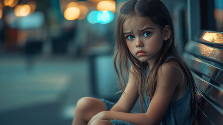 Sad little girl sitting on a bench in the evening at night.の素材
