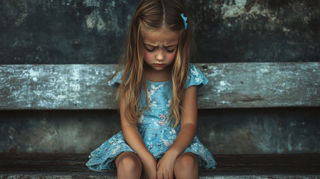 Portrait of a little girl in a blue dress sitting on the stairsの素材