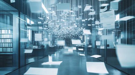 Digital composite of 3D papers flying in the air against office interiorの素材