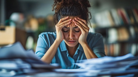 Tired businesswoman sitting at her desk in office and holding her headの素材