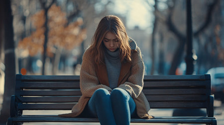 Sad young woman sitting on a bench in the park and looking downの素材