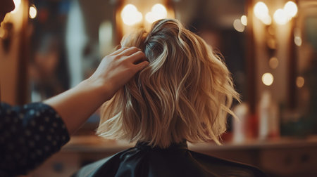 Professional hairdresser making haircut of young woman in beauty salonの素材