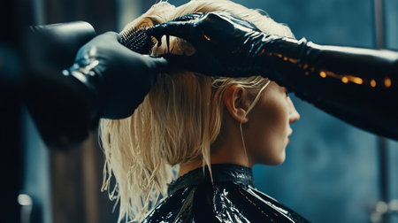 Professional hairdresser in black gloves working with young woman in beauty salonの素材