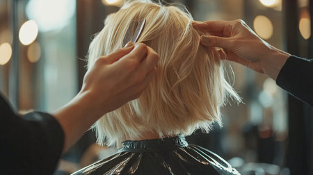 Hairdresser cuts the hair of a young woman in a beauty salonの素材