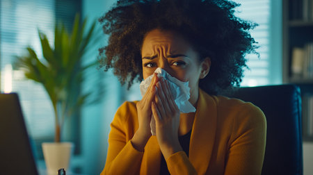 Worried african american businesswoman blowing her nose while working on laptop at officeの素材