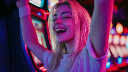 cheerful young woman in neon light playing slot machine at nightclubの素材