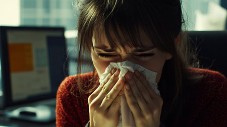 Woman sneezing in tissue at office. Coronavirus concept.の素材