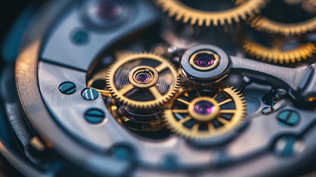 Close up of the mechanism of a watch with gears and cogsの素材