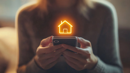 Woman using mobile phone with glowing house icon. Real estate concept.の素材