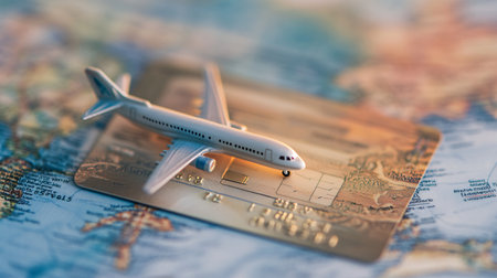 Plane and credit card on the background of the world map.の素材