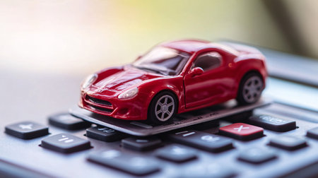 Red car model on calculator. Business, finance and investment concept.の素材