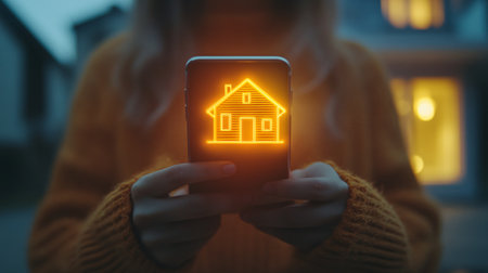 Woman holding a smartphone with a glowing house icon. Real estate concept.の素材