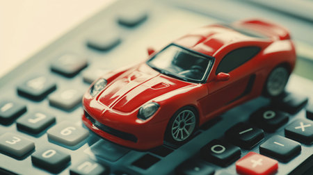 Calculator and red toy car on white background, business and finance conceptの素材